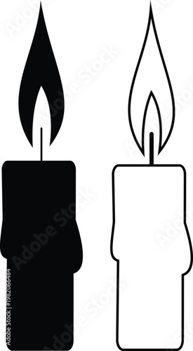 Candle flame icon set collection group, wax, light, fire, lantern, illumination symbols, decorative candles, burning wick shapes in flat and line style black vector illustration isolated