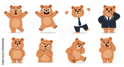 Cartoon bear character exhibiting a wide range of emotions and personas like being scared, happy, angry, or a professional businessman.