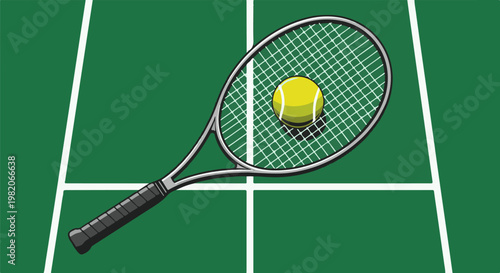 Tennis racquet and ball on a green court with white lines