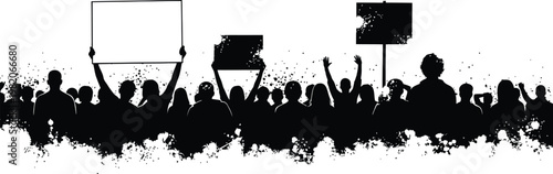 Silhouette of large protest crowd with blank banners and picket signs in grunge style.