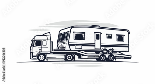 Truck carrying a caravan on its flatbed trailer, with grey clouds above