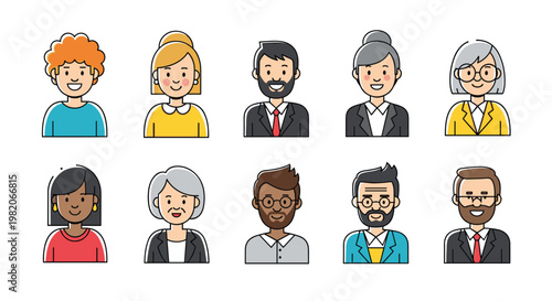 Diverse collection of human avatar icons representing various ages, ethnicities, and professional styles in a clean graphic design.