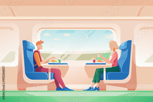 Train Travel Lunch Moment Scene Vector Illustrati