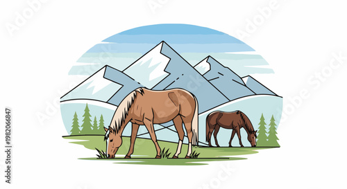 Two horses graze peacefully in a mountain meadow with snow-capped peaks behind