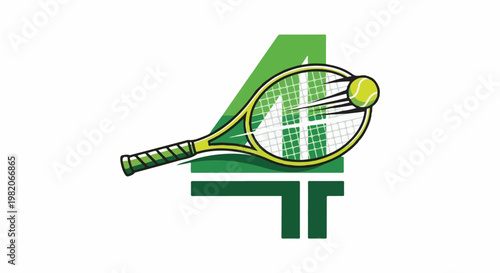 Tennis racket in motion with a ball and green abstract shapes