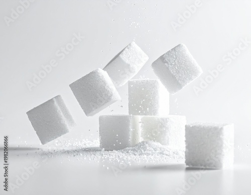 Sugar cubes falling and scattering on white background