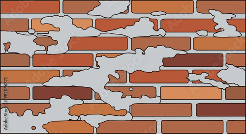 Textured background of weathered brick wall with chipped mortar