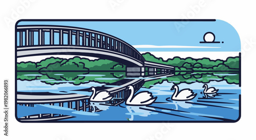Swans glide under a modern bridge reflected in tranquil, sunlit waters