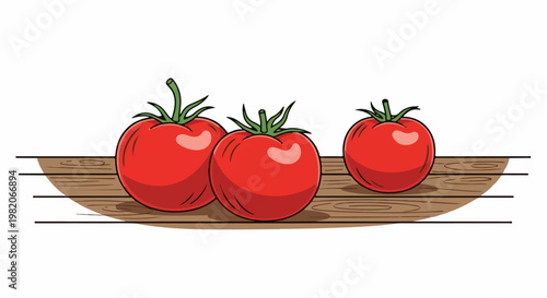 Three ripe red tomatoes with green stems rest on a rustic wooden surface