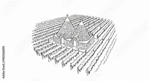 Two conical roof stone houses stand amidst rows of vineyard plants