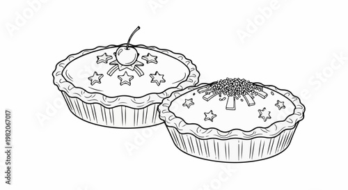 Two illustrated mini-pies, one with a cherry and stars, the other with crumbs