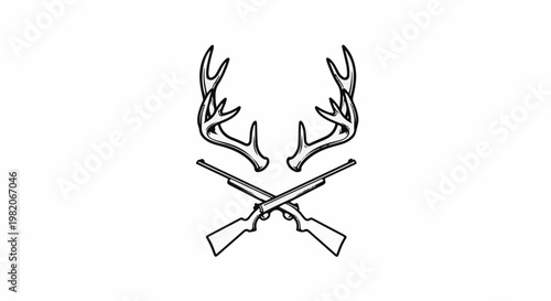 Two crossed rifles beneath a pair of deer antlers, a simple outline illustration