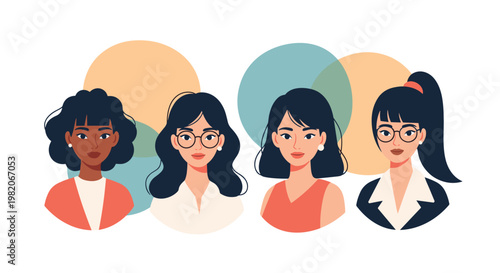 Four diverse young women avatars featured against colorful geometric circles representing global community and modern style.