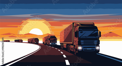 Trucks on a highway at sunset
