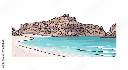Textured desert cliffs rise above a tranquil turquoise bay with a sandy shore