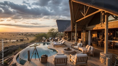 African Safari Luxury Lodge Deck Infinity Pool Sunset Animals View