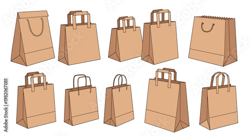 Variety of brown paper bags for shopping and food storage shown from different angles with various handle and fold designs.