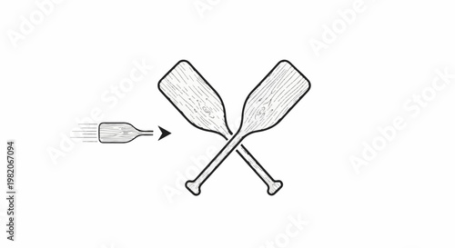 Two crossed wooden oars with a single oar approaching on the left