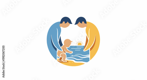 Two adults embracing a baby on a beach at sunset