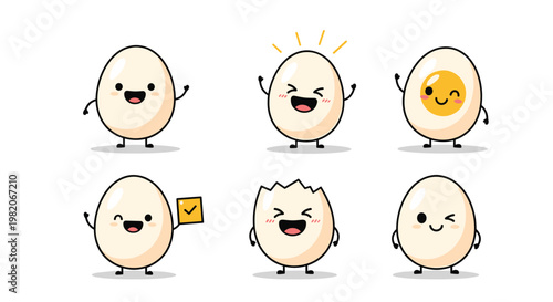 Collection of cute egg characters in various states such as whole, cracked, boiled, and waving with friendly facial expressions.