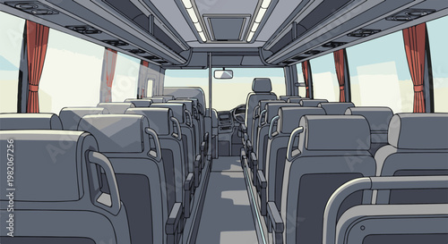 The interior of a passenger bus, showing rows of empty seats, a central aisle, and windows