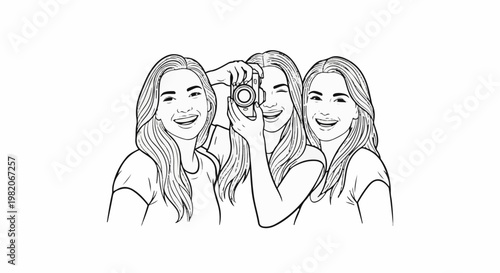 Three smiling young women posing for a selfie with a camera