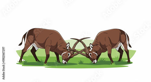 Two antelopes lock horns on grassy plain in animated style