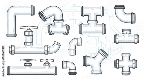 Variety of white plastic plumbing pipe fittings and valves for home maintenance, water systems, and industrial construction projects.