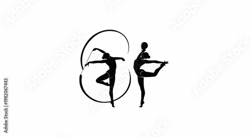 Two artistic gymnasts silhouetted in motion with hoop and ball