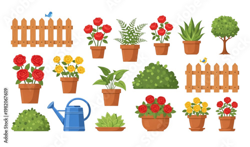 Spring flower pot vector garden set house plants watering can birds
