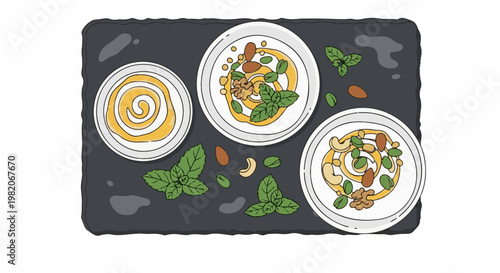 Three bowls of dips with nuts and mint leaves on a dark surface