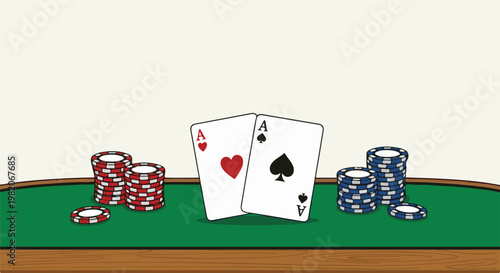 Two Aces cards and stacks of red and blue chips on green felt