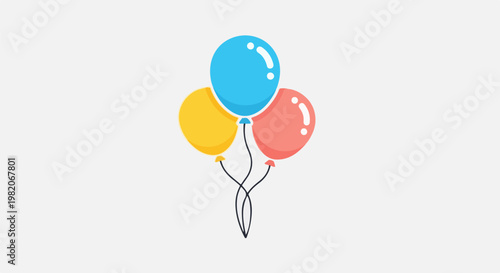 Three colorful balloons, blue, yellow, and pink, tied together