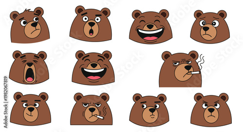 Collection of bear head icons displaying a wide range of emotions and expressions from happy and excited to angry and tired.