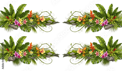 Amazon jungle border vector tropical frame leaves vines paradise set