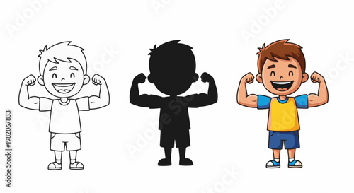 Three cartoon boys flexing muscles outline, silhouette, and color