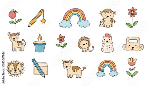 Children doodle animals vector crayon drawing cute kindergarten set