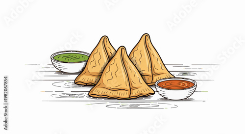 Triangular fried pastries with dipping sauces in bowls, drawn with outlines