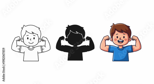 Three cartoon boys flexing their biceps, one outlined, one silhouette
