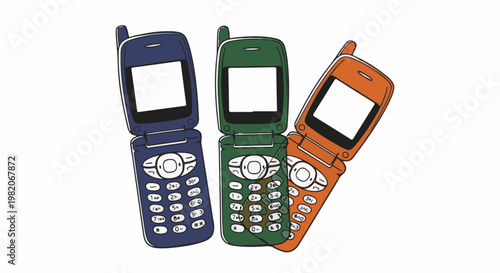 Three colorful flip cell phones open and ready to communicate