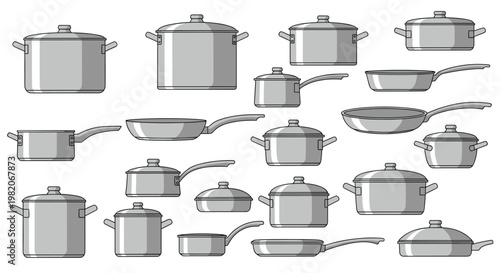 Extensive collection of stainless steel kitchen cookware including various sizes of pots, pans, and lids for everyday home cooking.