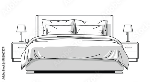 Modern bedroom interior featuring a large neatly made bed with multiple pillows and two bedside tables with minimalist lamps.