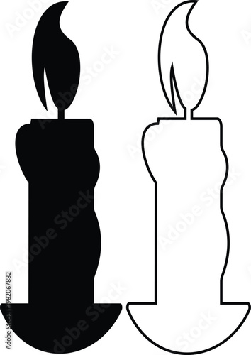 Candle flame icon set collection group, wax, light, fire, lantern, illumination symbols, decorative candles, burning wick shapes in flat and line style black vector illustration isolated