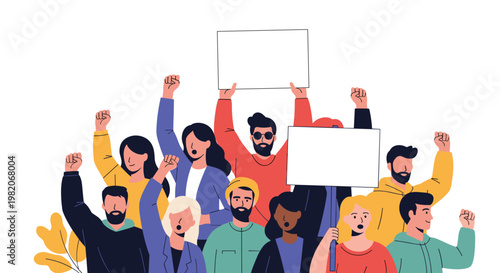 Group of diverse people protesting peacefully with raised fists and blank white placards for message customization on white.