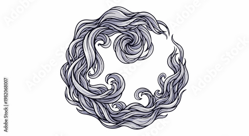 Swirling gray strands of hair or smoke form a circular pattern