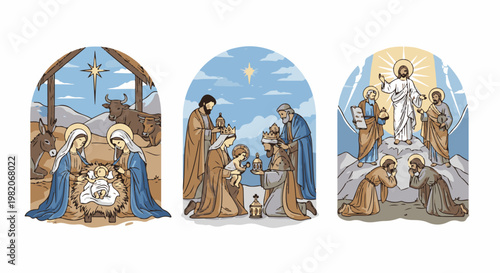 Triptych of religious scenes with biblical figures and animals under arches