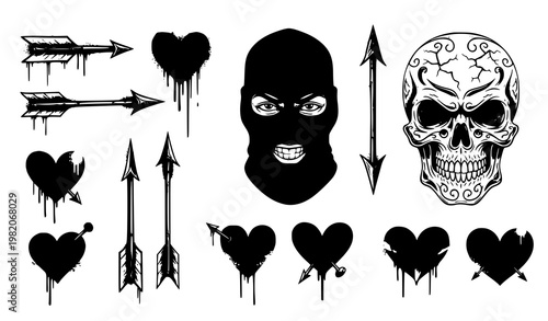Graffiti street art vector set grunge urban skull balaclava sticker kit