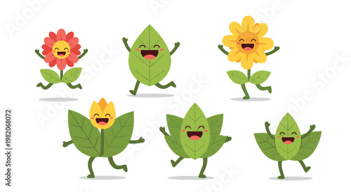 Happy anthropomorphic flowers and green leaves with smiling faces and limbs dancing and jumping in a cheerful outdoor garden theme.