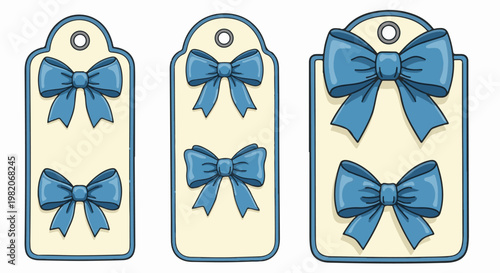 Three cream tags with blue ribbon bows and a hole at the top