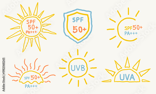 sun protection signs set in hand drawn style in vector. Element for design advertisement mail posts poster print postcard banner decor backgrounds